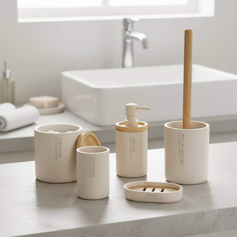 Bathroom Essentials Set Natural Bamboo Bath Set Accessories 5 pieces - Beige
