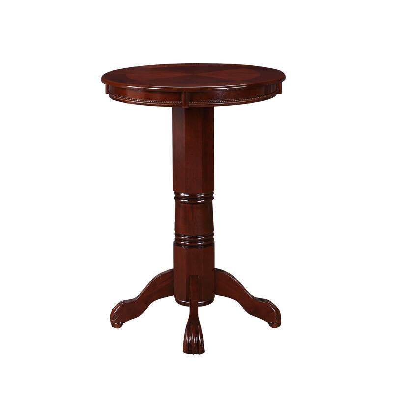 Ava 42 Inch Wood Pub Bar Table, Sunburst Design, Carved Pedestal, Dark Brown