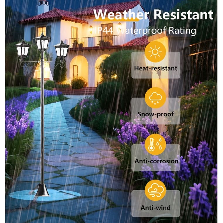 72" Outdoor Solar Lamp Post 3 Head LED Waterproof for Yard Pathway Garden - Black
