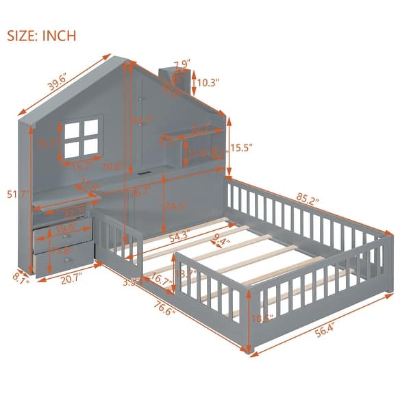dimension image slide 0 of 3, Wooden Floor Platform Bed with House Shape Storage Wingback Headboard, House Bed with USB, Window and Bedside Drawers