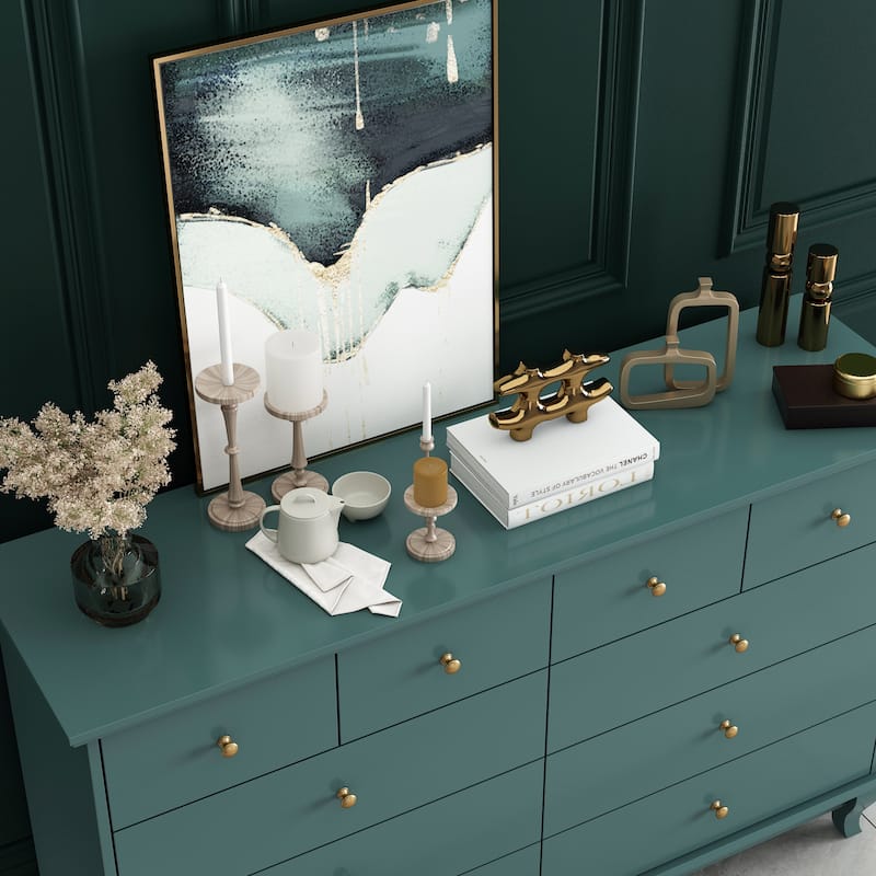 Black 8 Drawer Dresser with Solid Wood Legs, Modern Double Dresser Storage Cabinet for Bedroom, 55.1" Wide