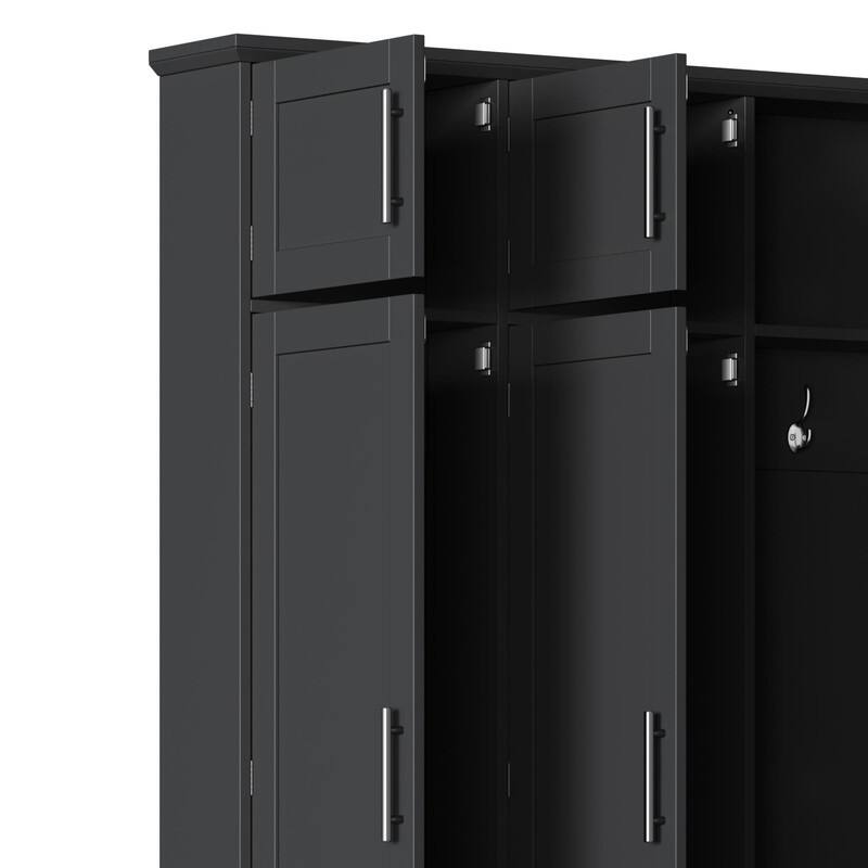 75"H Hall Tree with Walnut Storage Bench，Entryway Shoe Cabinet with Open Compartments and 8 Doors, 4 Hidden Hanging Hooks