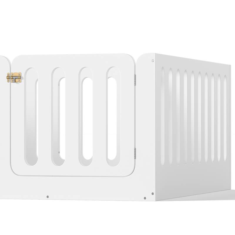 Full Size Floor Bed with High Fence for Kids, Solid Wood Kids Montessori Bed with Door, No Box Spring Needed Design