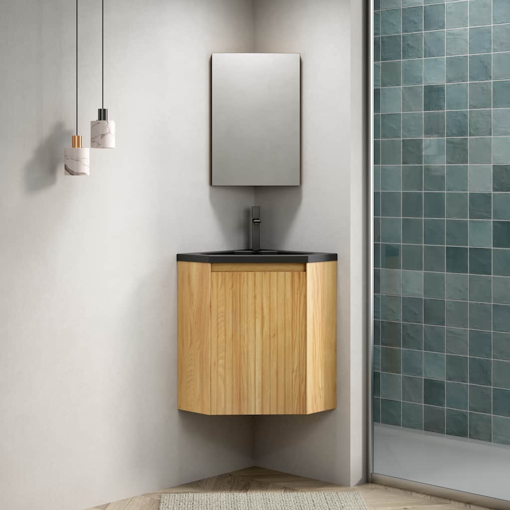 15.16" Wall-Mounted Bathroom Vanity in Natural Wood with Black Integrated Resin Basin - 15.16'' x 15.16'' x 20.63''