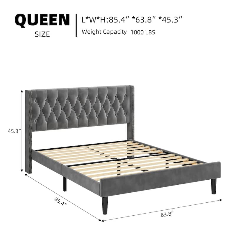 Upholstered Bed Frame with Velvet Headboard Wingback