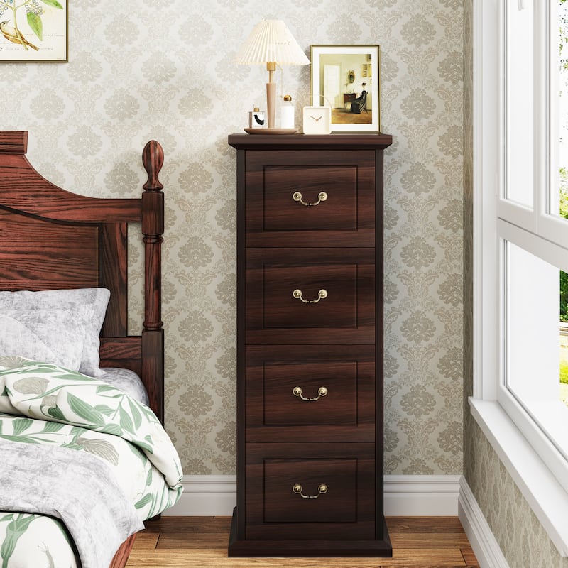 4-Drawers Vertical Storage Cabinet, Tall Dresser Cabinet, Wood Freestanding Floor Storage Cabinet