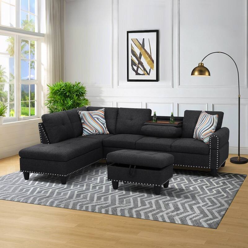 Modular Living Room Sectional with Storage Ottoman and Flip-Top Console, Black or Gray - Black