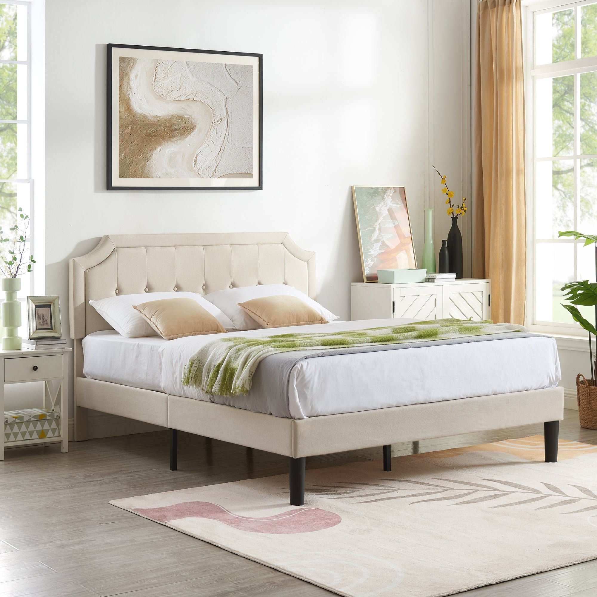 VECELO Adjustable Height Upholstered Platform Bed Button Tufted Headboard with Under Bed Storage No Box Spring Needed Bed Frame