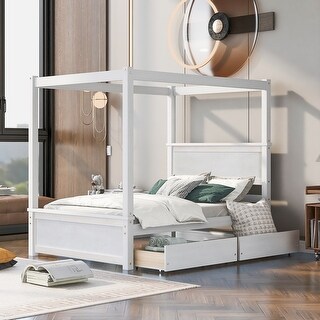 Full Size Wooden Canopy Bed with Built-in Storage Drawers and Support Slats, No Box Spring Required