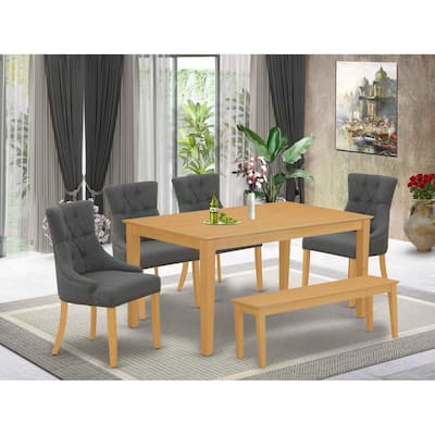 HomeStock 6-Piece Rectangle Natural Oak Finish Solid Wood Top Dining Table with 1 Bench, 4 Chairs with Lattice Back