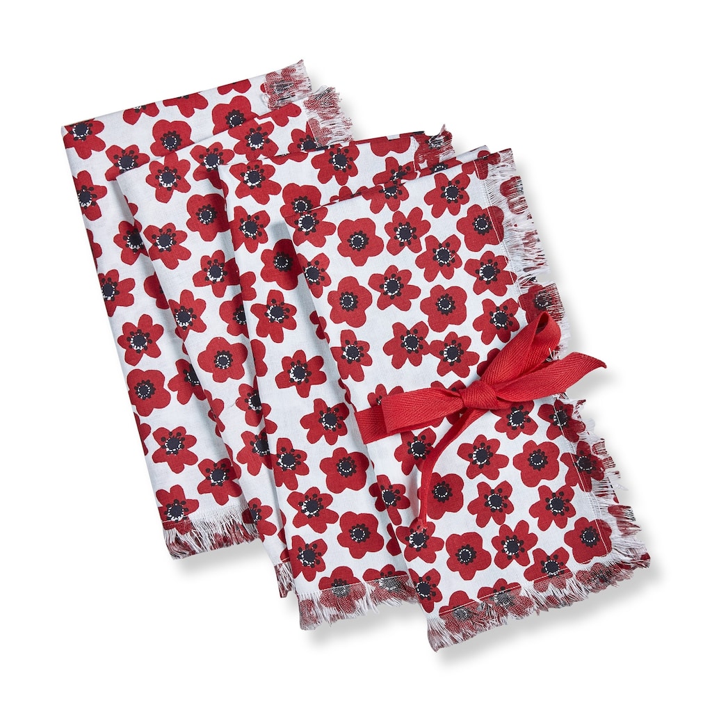 Happy Flower Bright Red Floral Print on White Backgroun Cotton Machine Washable Napkin Set of 4 - 20 x 20
