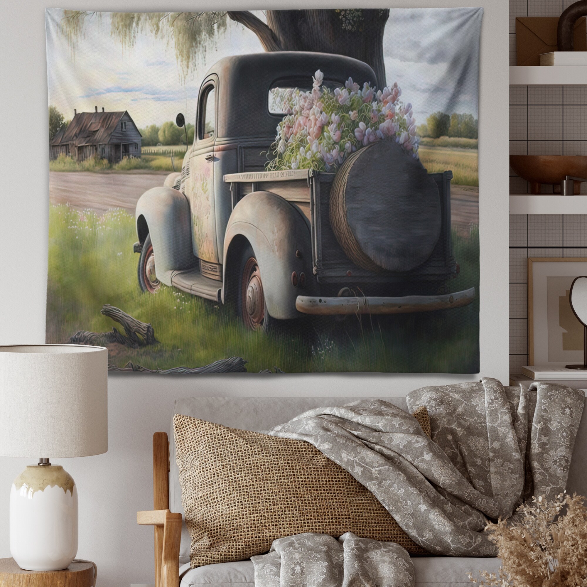 Designart Barn Flower Delivery Truck IX Barn Farm Ranch Wall Tapestry 39 in. x 32 in