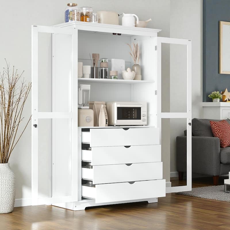 75" Solid Pine Wood Kitchen Pantry Cabinet with Glass Doors and 4 Drawers, Freestanding Storage Display Cabinet for Dining Room