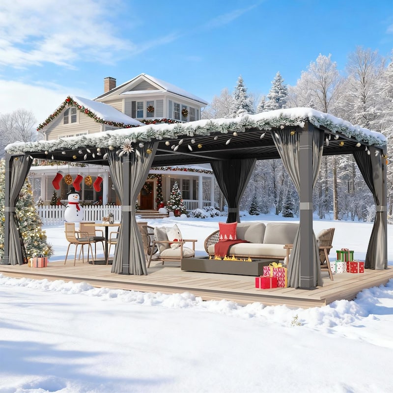 Outdoor Louvered Pergola, Outdoor Patio Hardtop Gazebo, Adjustable Metal Roof Curtains and Netting Included - 12' x 24' - Black