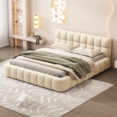 Queen Size Grounded Bed Upholstered Platform Bed Frame Solid Wood Slat Support, Thick Fabric Frame Futon Headboard