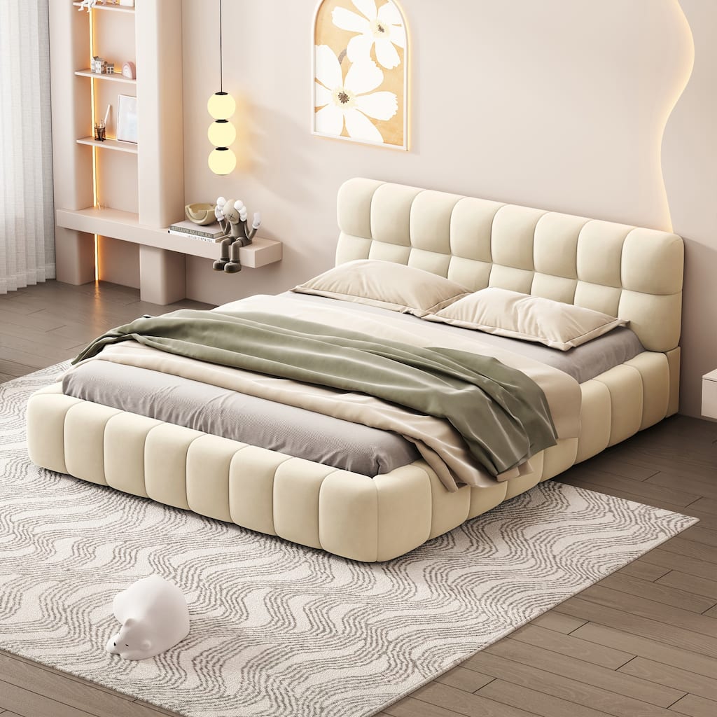 Queen Upholstered Platform Bed with Linen Fabric, Sturdy Wood Frame, Beige/Gray