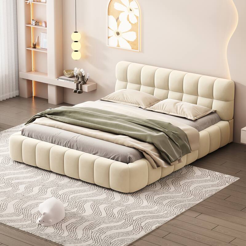 Upholstered Platform Bed with Thick Fabric - Beige