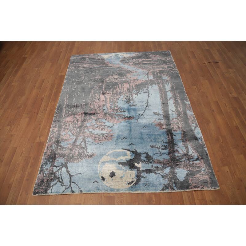 Hand Knotted Oriental Viscose Silk Carpet Modern Pictorial Navy Blue & Blues Abstract Area Rug - 6' 4'' X 4' 8''
