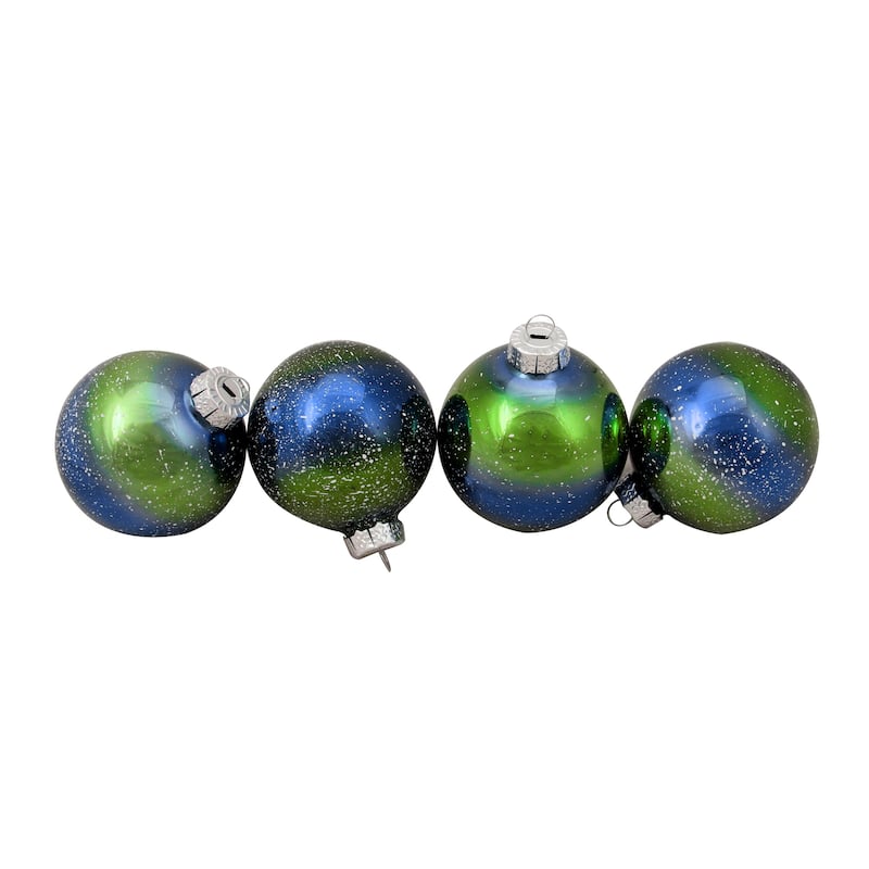 4ct Blue Green Striped Speckled Christmas Ball Ornaments 3.25"