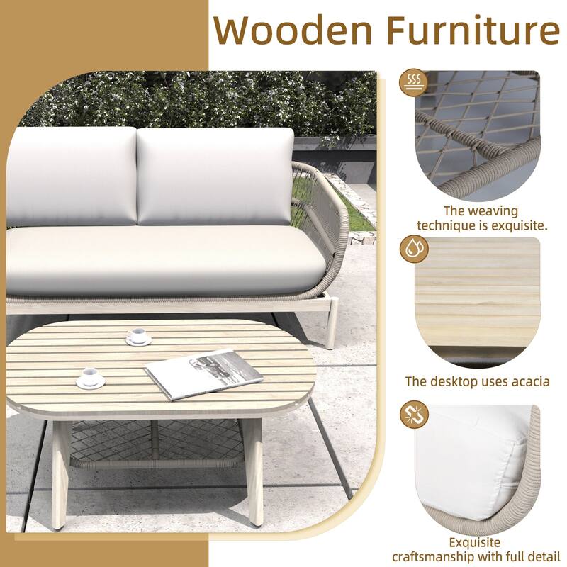 4-Piece Outdoor Acacia Wood Conversation Set with Oval Coffee Table