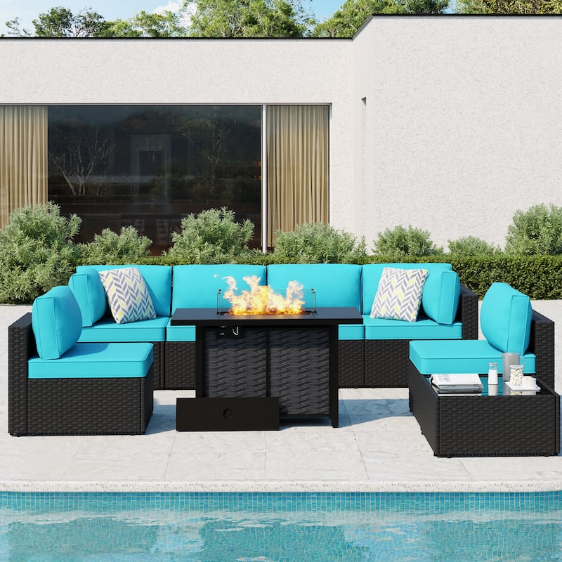 8-Piece Outdoor Patio Wicker Conversation Set with Fire Pit Table, Sectional Sofa & Cushions - N/A - Blue/Black