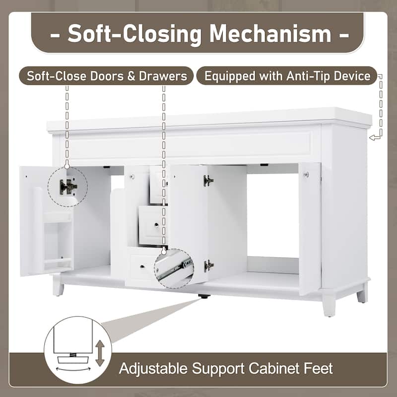 60" Bathroom Vanity-Classic-Wood Legs-Resin Double Sinks with Soft-Close Drawers & Doors.