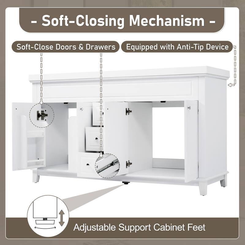 60" Bathroom Vanity with Double Resin Sinks, Soft-Close 4 Doors and 3 Drawers, Solid Wood Legs and Adjustable Shelves