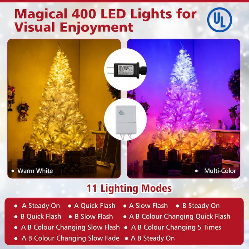 Pre-Lit White Christmas Tree with LED Lights and 11 Lighting Modes PVC Metal Holiday Tree with Stand