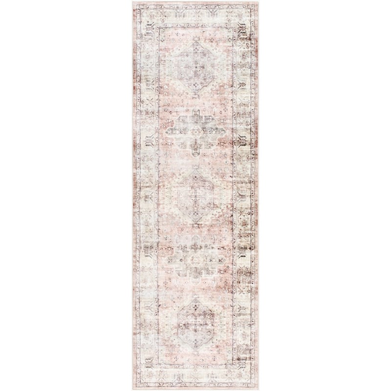 Livabliss Traditional Lavable Medallion Washable Area Rug - 2'6" x 8' - Red/Off White