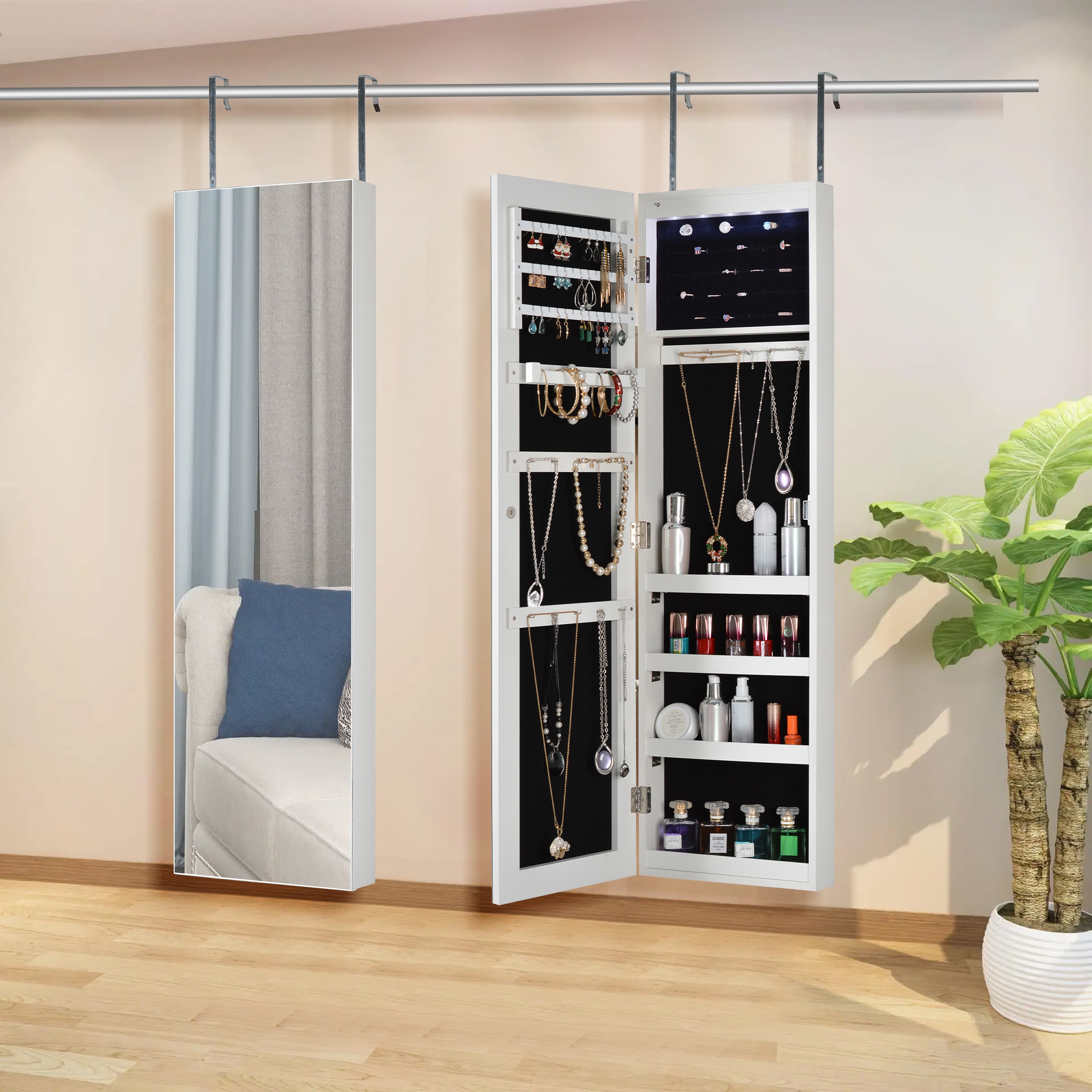 Led Light Swivel Jewelry Armoire Cabinet Wall Hanging Jewelry