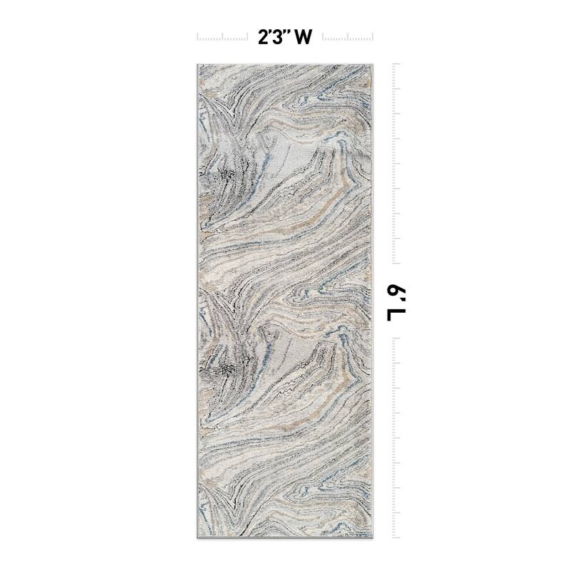 Marble Swirl Distressed Area Rug - Low-Pile Rug for Living Room, Bedroom - Polypropylene/Polyester with Jute Backing