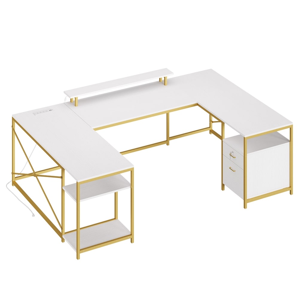 Moasis U-Shaped L-Shaped LED Computer Desk Reversible Corner Home Office Gaming Desk with Power Outlets