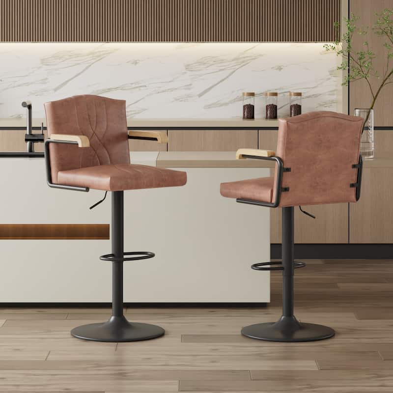 Javlergo 2-Piece & 4-Piece Adjustable Height Bar Chairs Brown PU Leather with Wave Pattern Armrests Black Base with Arc Footrest