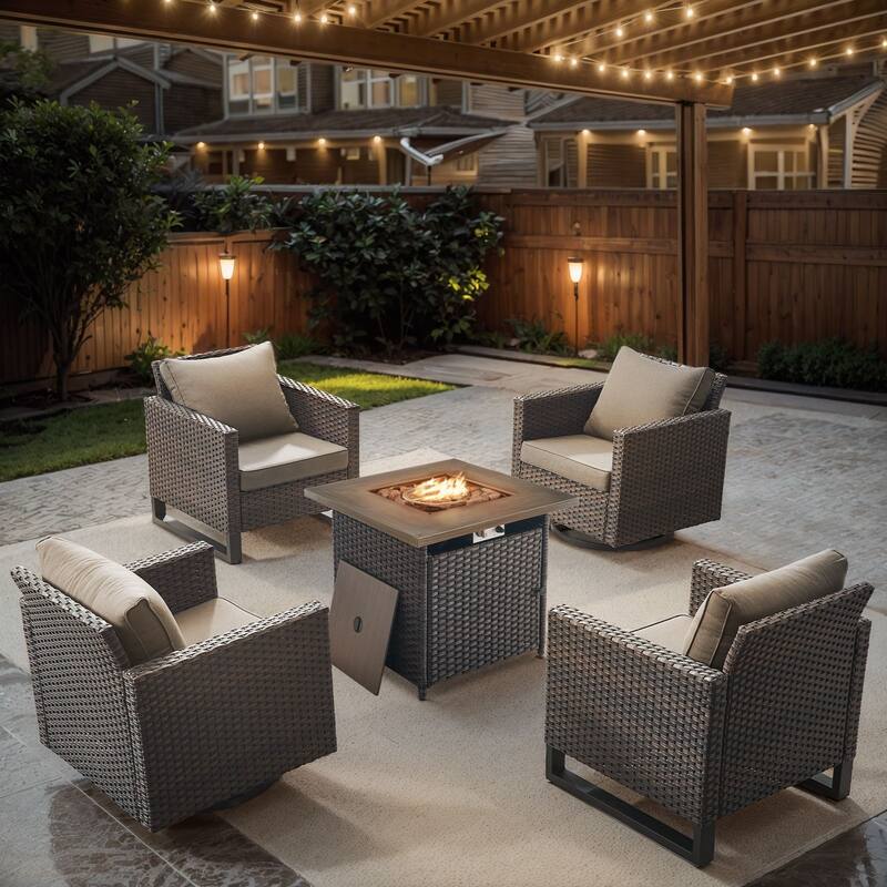 Gymojoy Outdoor Fire Pit Conversation Set, Patio Furniture with Cushions - 5 PCS - Swivel Chair & Fire Pit & Club Chair - Brown Wicker / Grey Cusion