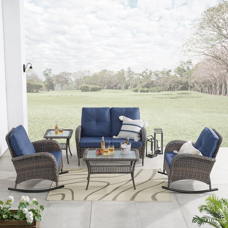 Gymojoy Outdoor Loveseat Sofa Coffee Table Rocking Chair SIde Table Set - Brown - Blue