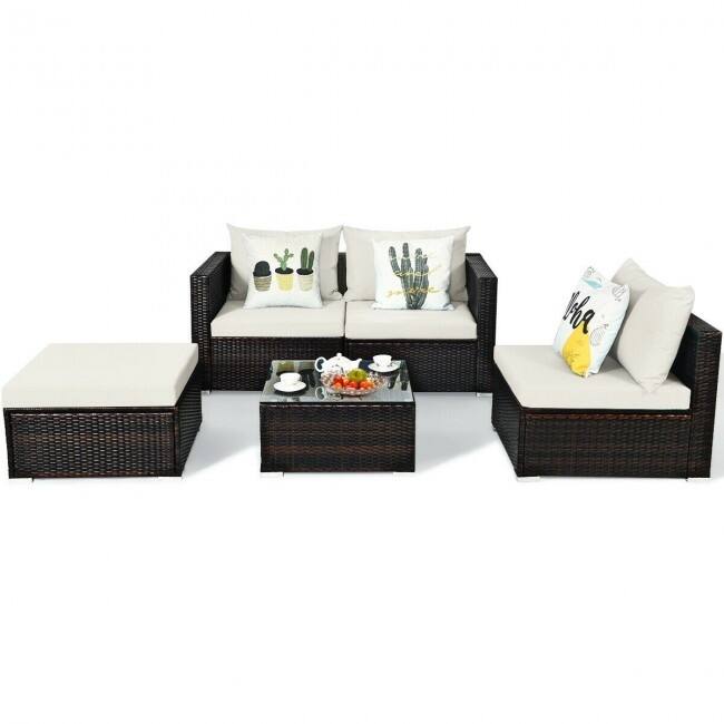 5Pcs Patio Rattan Furniture Set with Coffee Table - 29" x 29" x 23.5" (L x W x H)