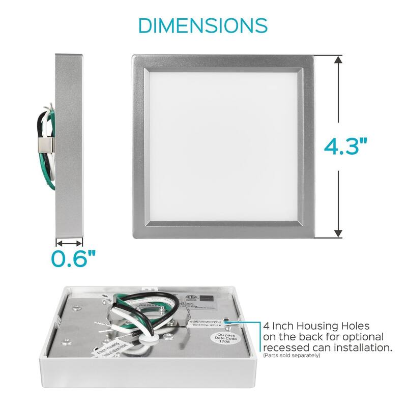 Luxrite 4 Inch Square Surface Mount LED Ceiling Light, 10W, 600 Lumens, Dimmable, Wet Rated, Energy Star, Nickel Finish