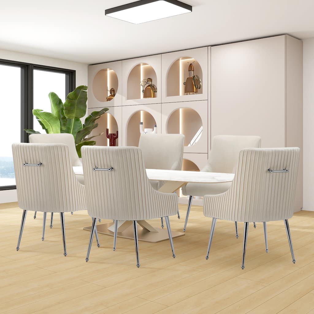SEYNAR Modern Velvet Pleated Finish Back Dining Chair Set of 6 with Rear Handle