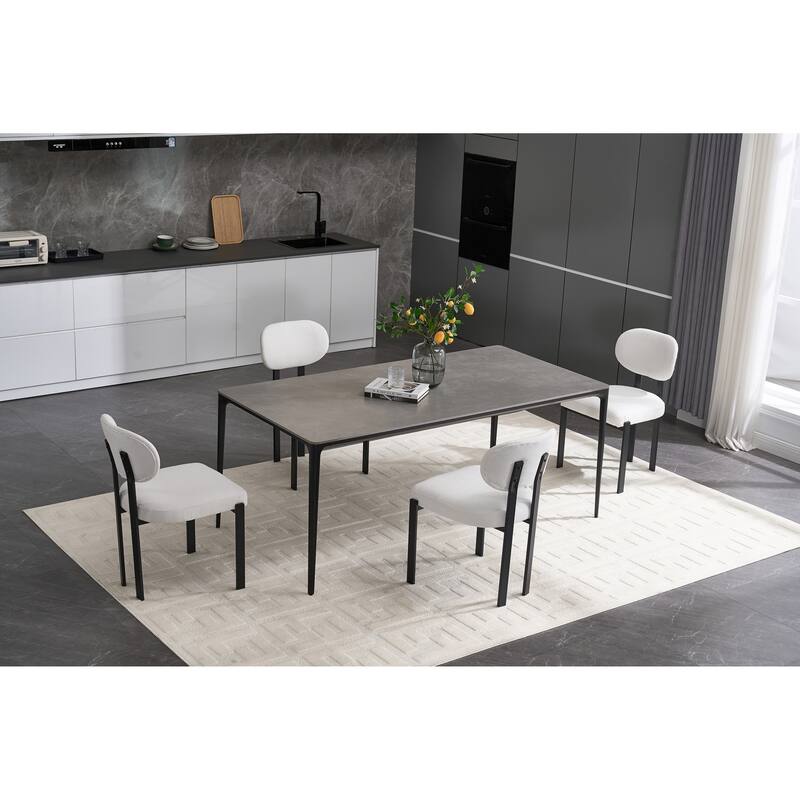 Modern Dining Room Chairs, Mid-Century Upholstered Boucle Kitchen Dining Chairs with Black Metal Legs