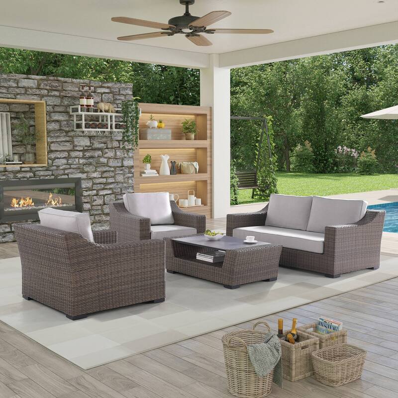 4-Piece Manhattan Rustic Wicker Seating Set with Tempered Glass - Brown/Oatmeal