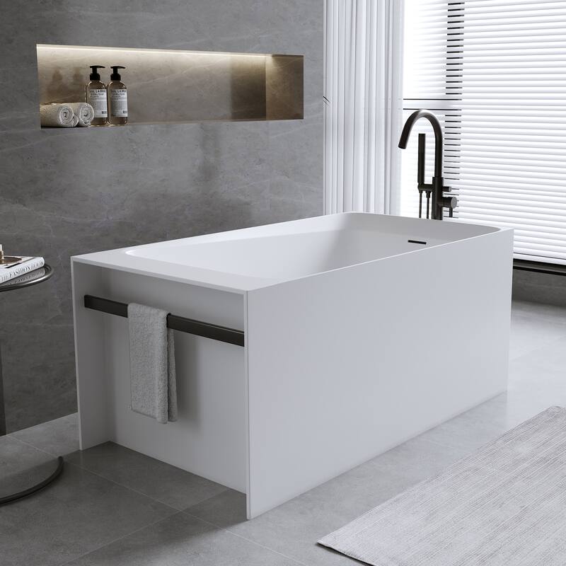 Solid Surface Freestanding Soaking Bathtub with Left Drain and Pop-up Drain, Modern Matte White Tubs with Overflow