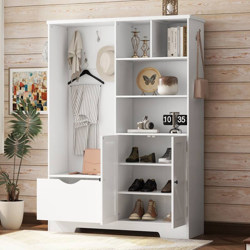 Multi-functional Hall Tree with Storage Shelves Drawers and Cabinet, Hallway Shoe Cabinet with Bench, Coat Rack with Hooks
