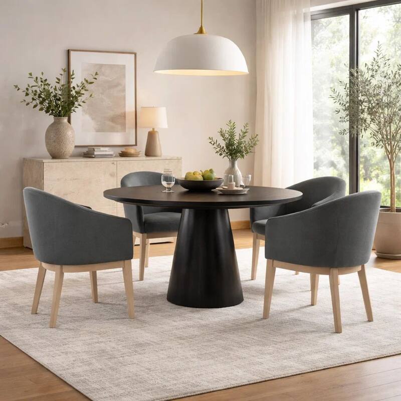 5 Piece Round Dining Table Set, Padded Curved Armchairs, Gray and Beige
