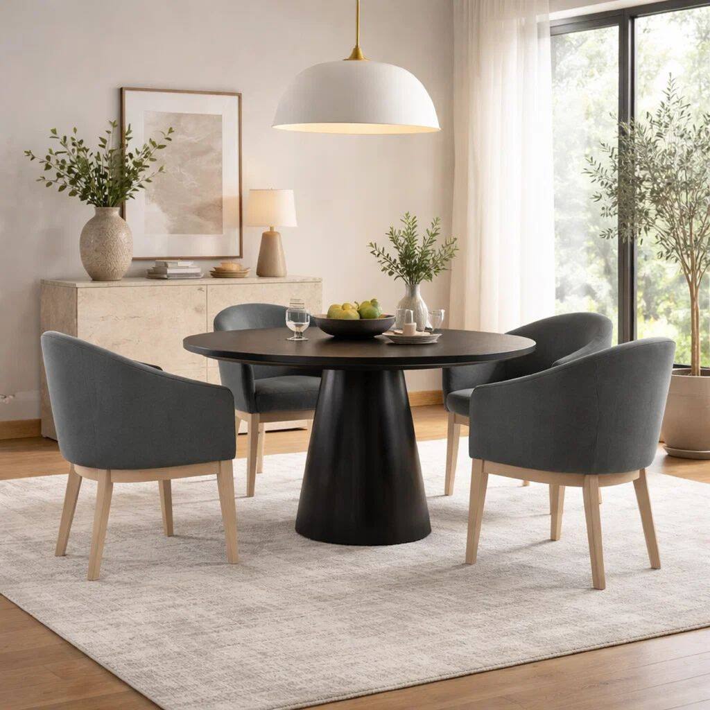 5 Piece Round Dining Table Set, Padded Curved Armchairs, Gray and Beige
