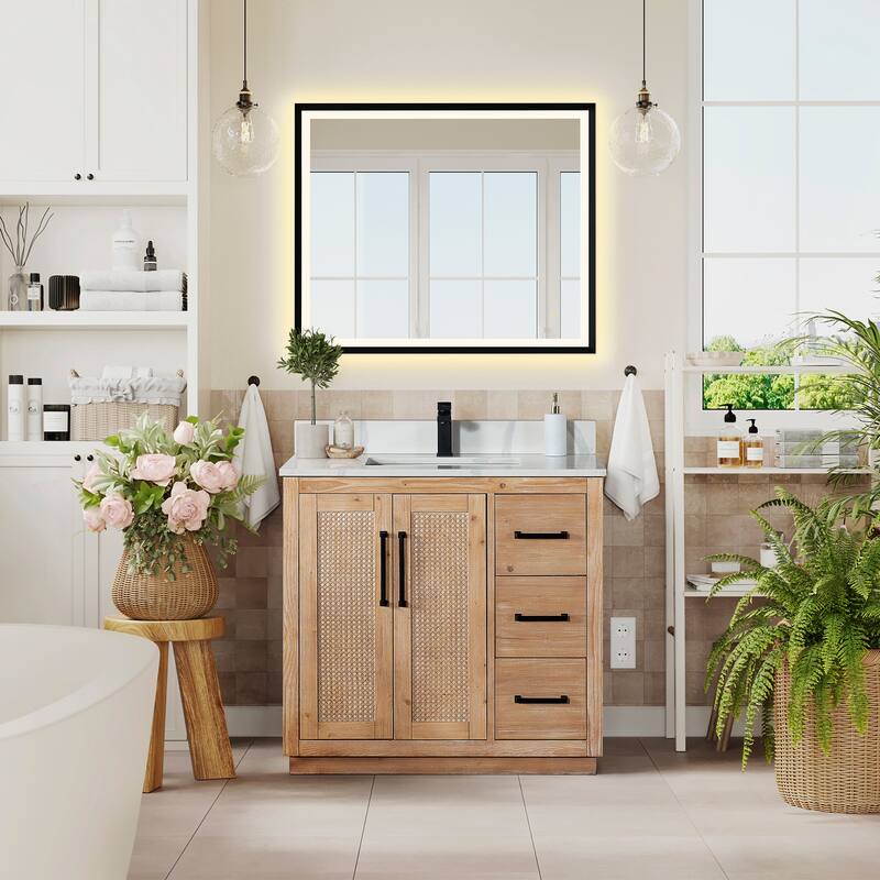 Floral Single Bathroom Vanity in Light Brown with Calacatta White Quartz Countertop with Mirror