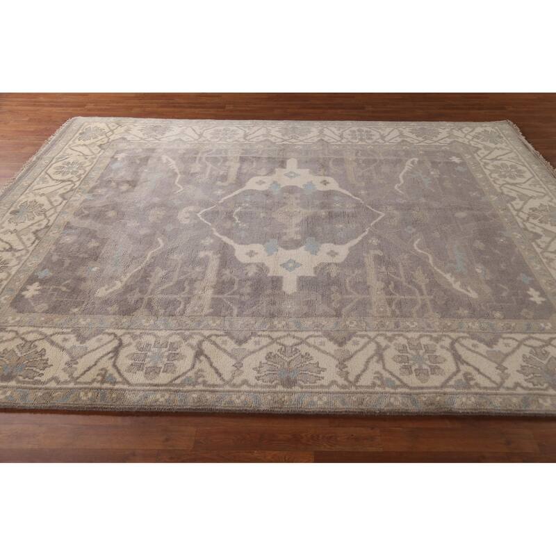 Gray & Ivory Oushak Indian Area Rug Hand-Knotted Wool Carpet - 8'0"x 9'8"