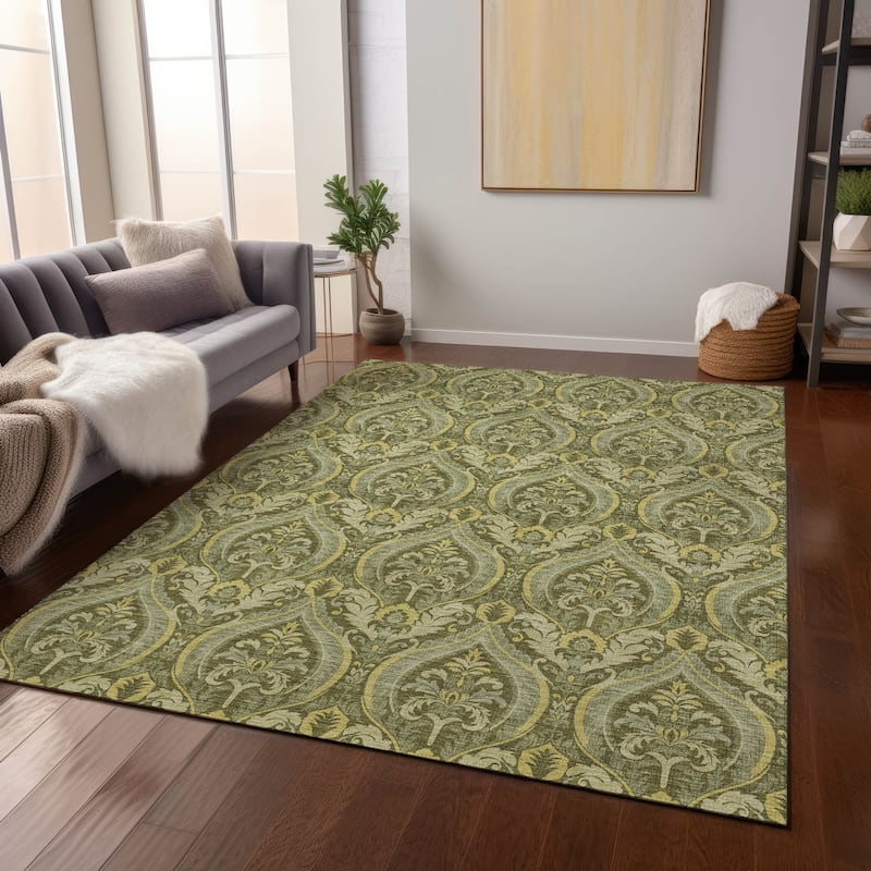 Machine Washable Indoor/ Outdoor Damask Chantille Rug