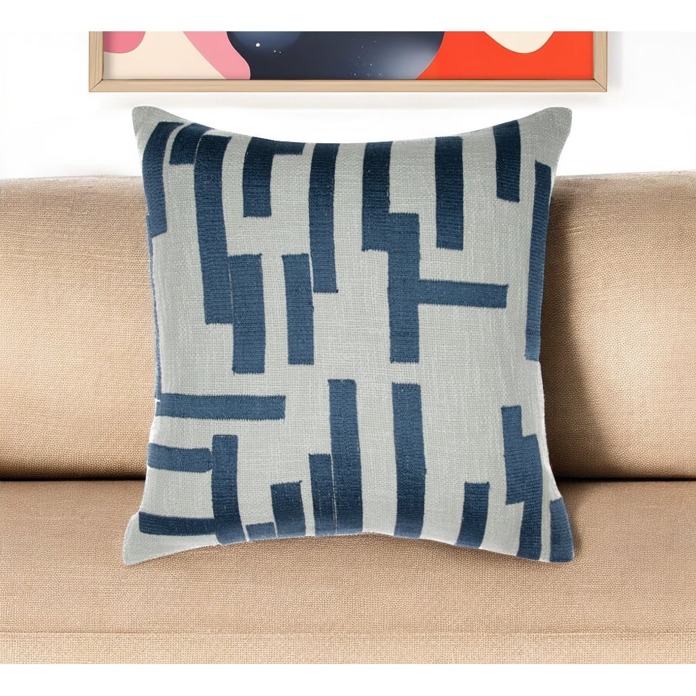 HomeRoots 24" Blue and Ivory Geometric Cotton Blend Throw Pillow With Embroidery