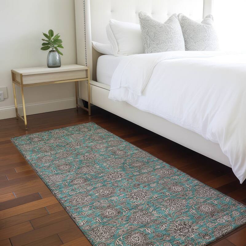 Machine Washable Indoor/ Outdoor Chantille Traditional Floral Rug - Teal - 2'3" x 7'6"