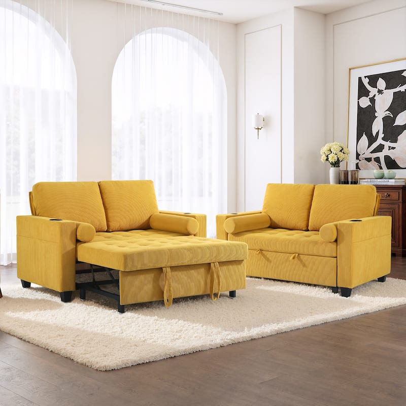 2 Set Multi-Functional Sleeper Sofa Bed 3-in-1 Pull-Out Convertible Adjustable Loveseat with USB Port - Yellow